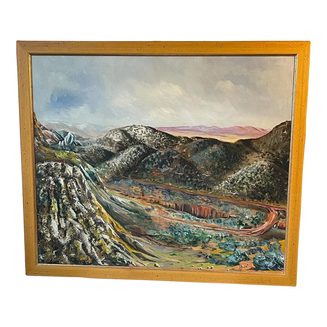 1960s American School Southwestern Landscape Signed Painting, Framed: American School, South Western Landscape, Oil on Canvas Singed American Artist, Framed in custom Italian Wood Frame Condition: Alterations: Original Condition Unaltered Imperfections: Some Imperfectio