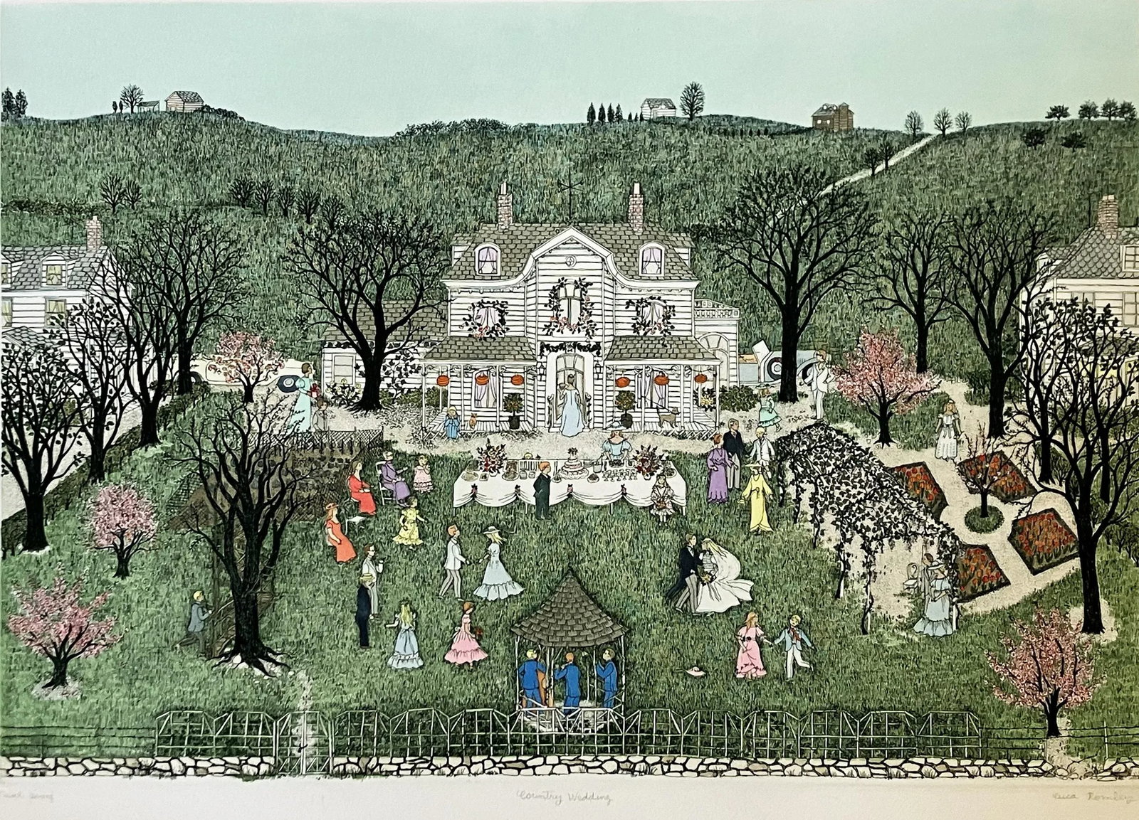 1980s "Country Wedding" Cuca Romley Signed and Numbered Color Etching: Artist: Cuca Romley- Spanish/American (1933- ) Title: Country Wedding Year: circa 1981 Medium: Color etching Sight size: 15.75 x 22.75 inches. Sheet size: 22 x 30 inches. Printed on Arches paper