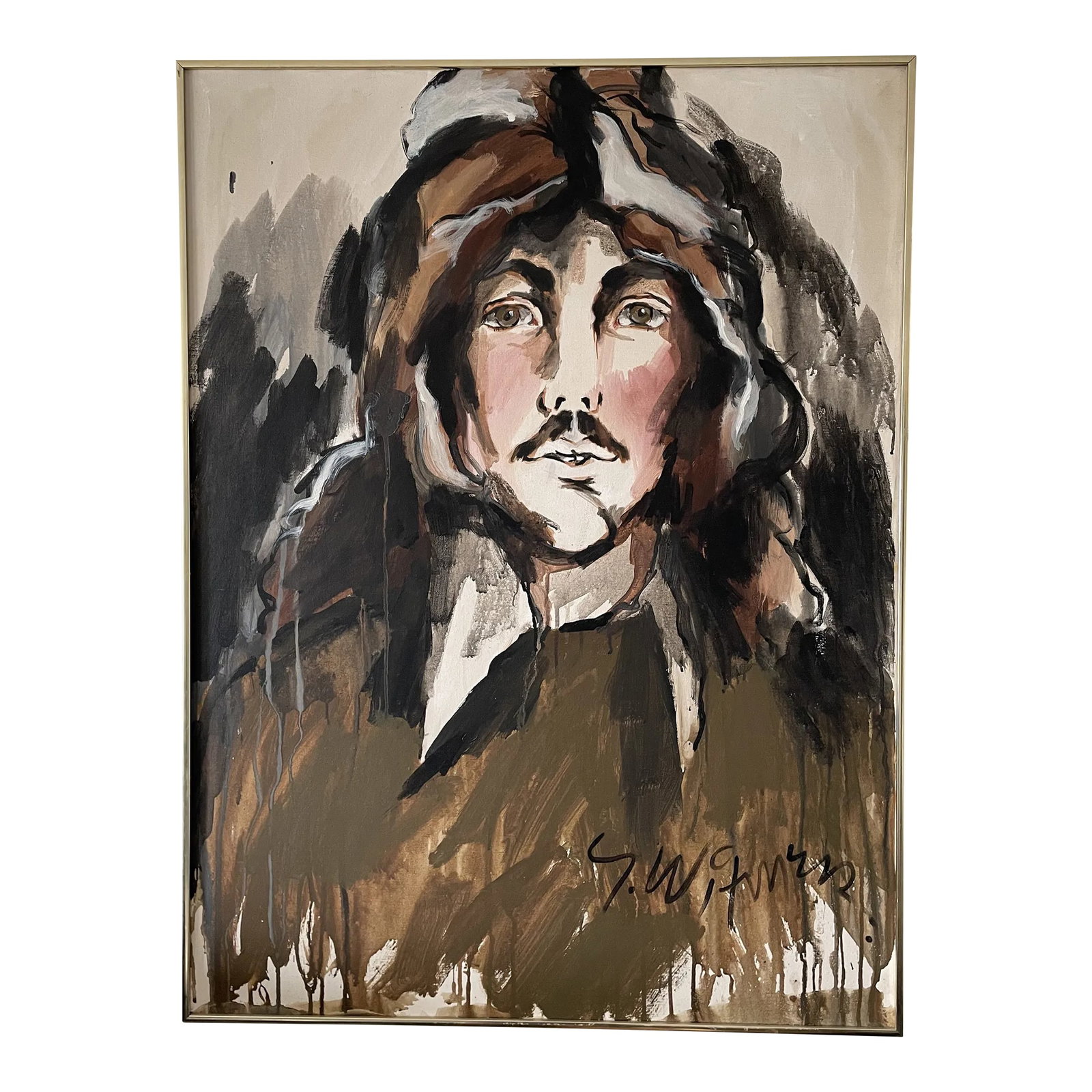 1980s Expressionist Portrait Oil Painting of a Man by S. Witmer, Framed: This listing is for a phenomenal example of 1980s modernist pop art. This large oil on canvas painting depicts a man in garbs, coated with a barrage of abstract coloring. The painting is quite unique 