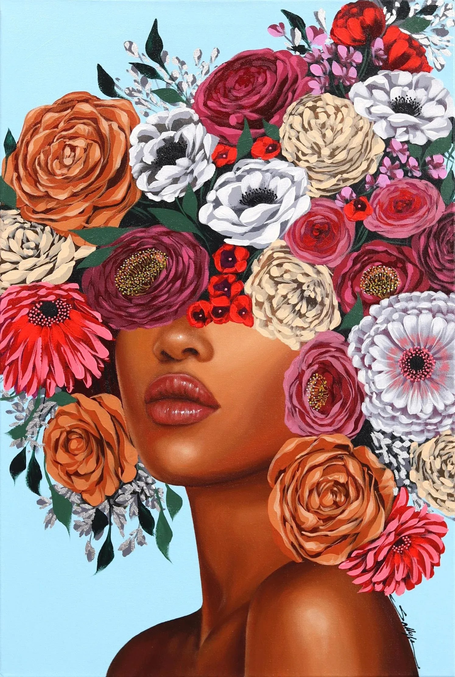 Tiana Contemporary Original Botanical Figurative Painting by Sally K: As your gaze lingers on one of Sally K's paintings, you notice how Sally's brush strokes add playfulness and life to the canvas, incorporating unexpected images and shapes of flowers, or abstract