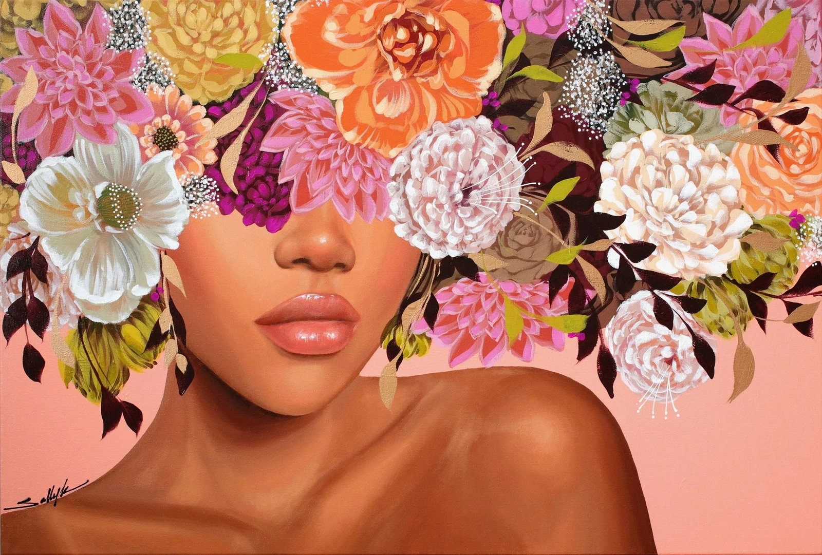 Sweet Melodies Contemporary Original Botanical Portrait Acrylic Painting by Sally K: As your gaze lingers on one of Sally K's paintings, you notice how Sally's brush strokes add playfulness and life to the canvas, incorporating unexpected images and shapes of flowers, or abstract colo