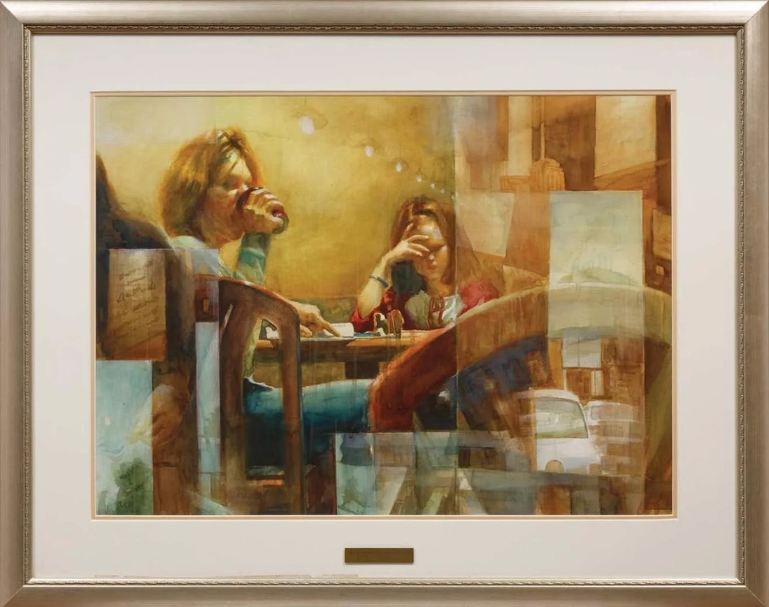 Mom's Coffee Time (Awcs Award Winner) Contemporary Watercolor Painting by Dongfeng Li, Framed: This superb, complex and relatively large watercolor won the Ida Wells Stroud Memorial Award from the American Watercolor Society in 2008, as evidenced by the affixed plaque, and was part of the