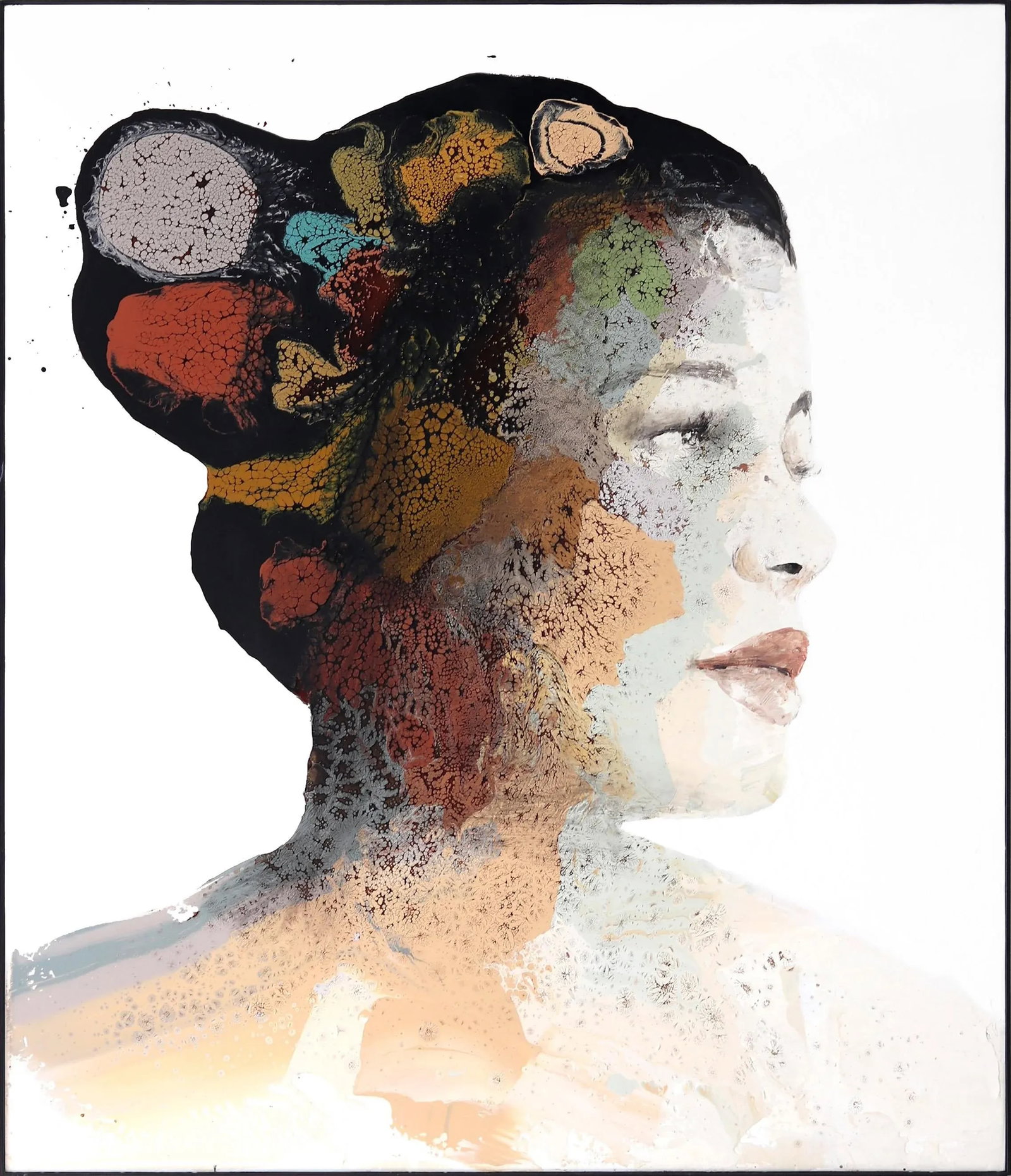 Looking Beyond Contemporary Original Abstract Portrait Mixed-Media Painting by Alessandro Casetti: Italian artist Alessandro Casetti's paintings metaphorically represent all the emotions, fears, and hopes that populate our daily life inside and outside of our own bodies. Through an innovative techn