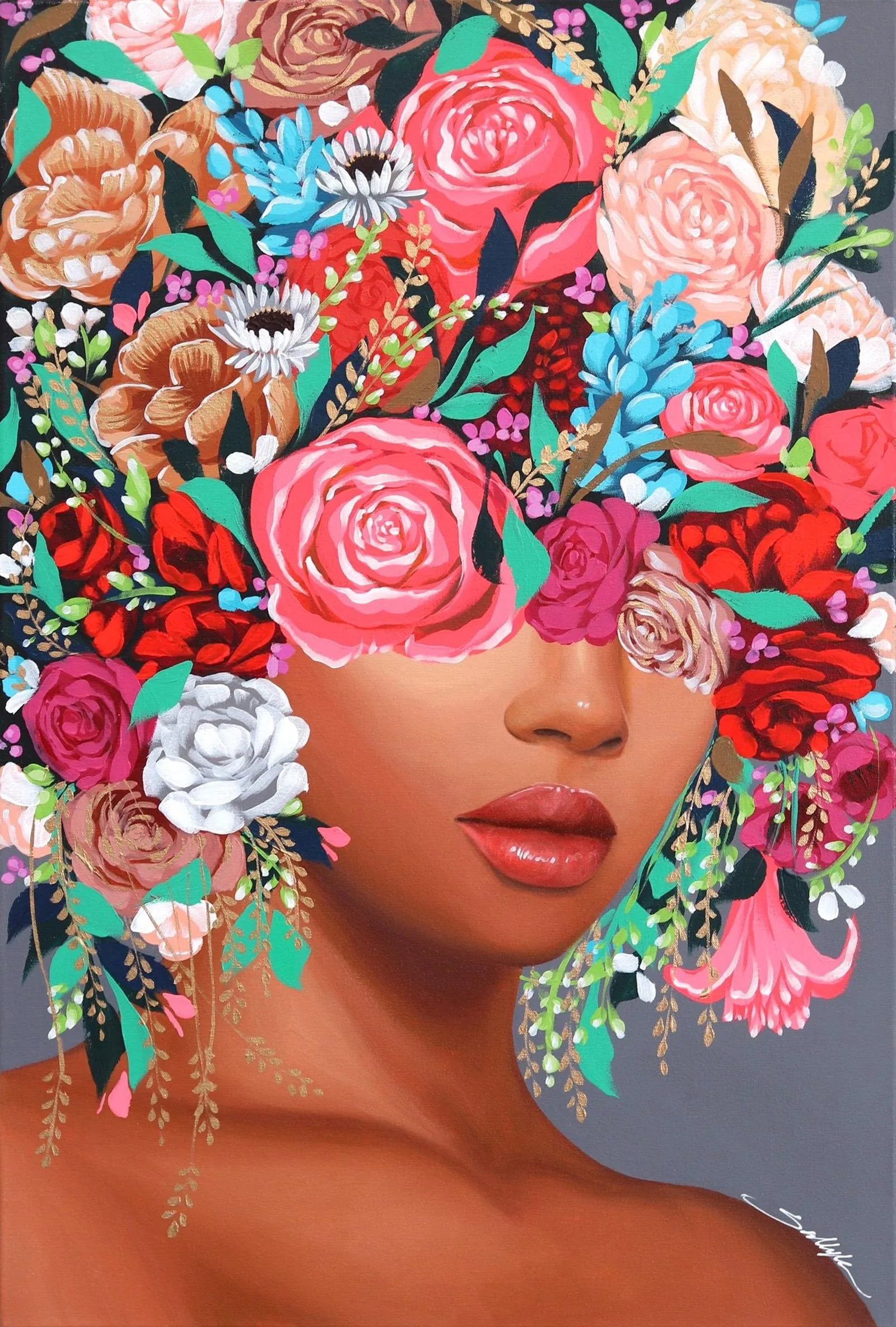 Gold Vines Contemporary Original Botanical Portrait Mixed-Media Painting by Sally K: As your gaze lingers on one of Sally K's paintings, you notice how Sally's brush strokes add playfulness and life to the canvas, incorporating unexpected images and shapes of flowers, or abstract