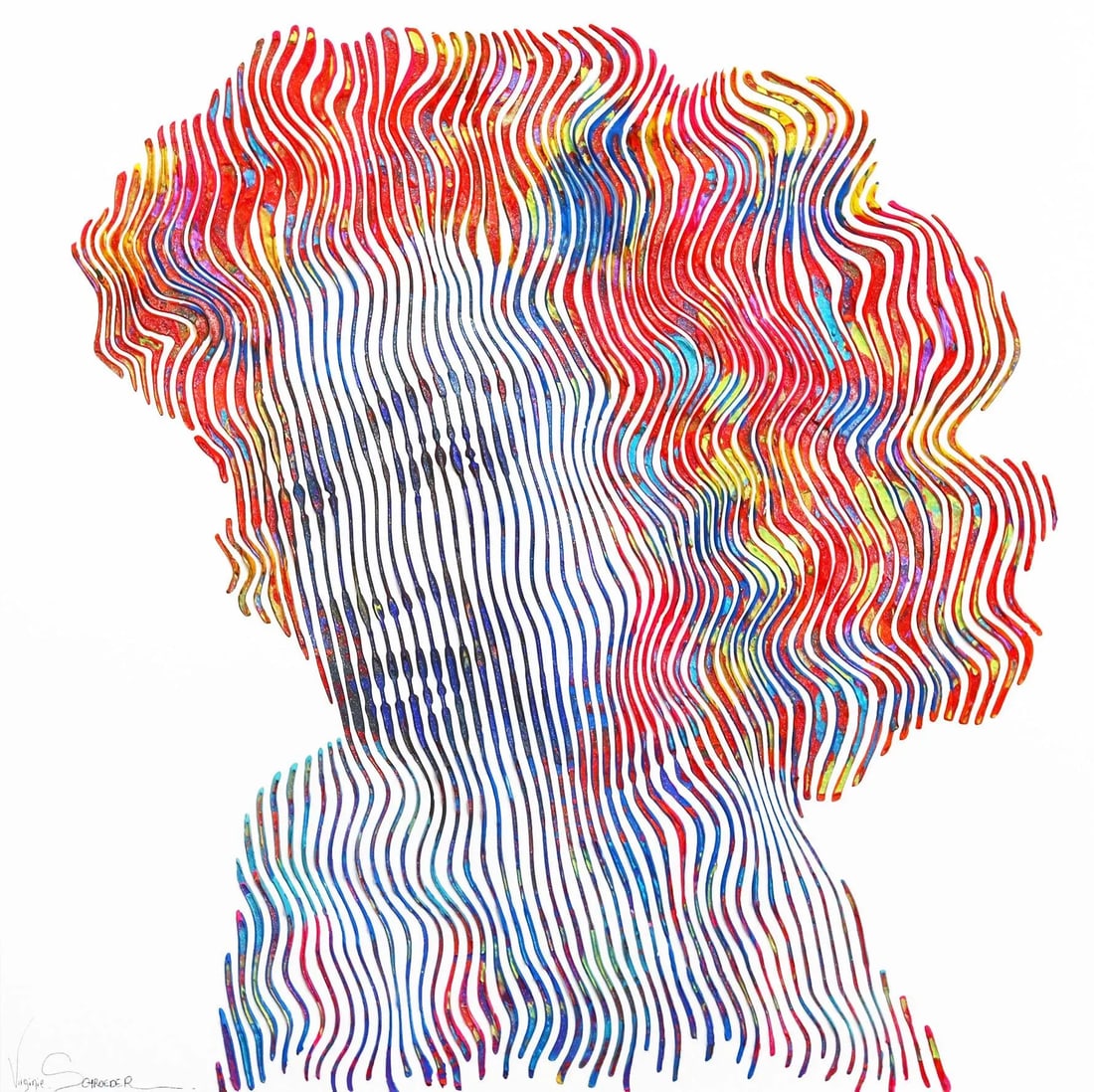 Marilyn Monroe the Smile Is Forever Original Op Art Pop Portrait Painting by Virginie Schroeder: Virginie Schroeder is an innovative artist based in Quebec, Canada. She puts in play lines, circles and other geometric forms to create works with subjects that are not immediately visible. Verbal
