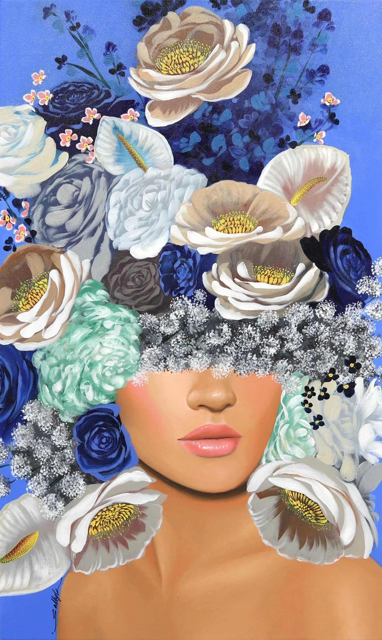Madison Contemporary Botanical Figurative Acrylic Painting by Sally K: As your gaze lingers on one of Sally K's paintings, you notice how Sally's brush strokes add playfulness and life to the canvas, incorporating unexpected images and shapes of flowers, or abstract
