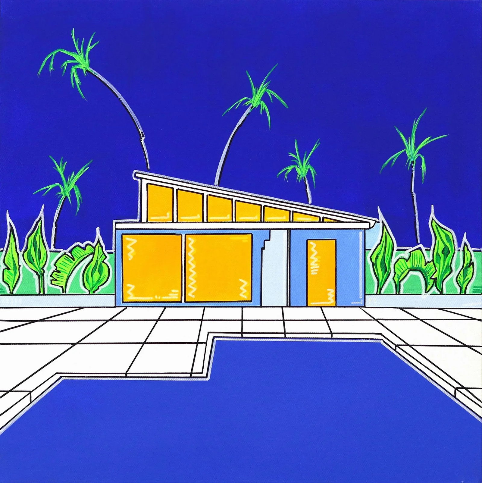 Summers 3 Contemporary Modernist House Portrait Acrylic Painting by Jonjo Elliott: English artist Jonjo Elliot's artworks are a collision of expressionistic fauvism and his collections encourage a youthful candor. Plants thrive in environments the viewer wants to immerse themselves