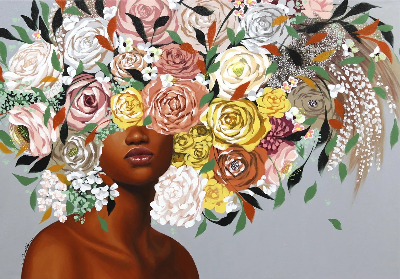 Melanie Contemporary Botanical Figurative Acrylic Painting by Sally K: As your gaze lingers on one of Sally K's paintings, you notice how Sally's brush strokes add playfulness and life to the canvas, incorporating unexpected images and shapes of flowers, or abstract