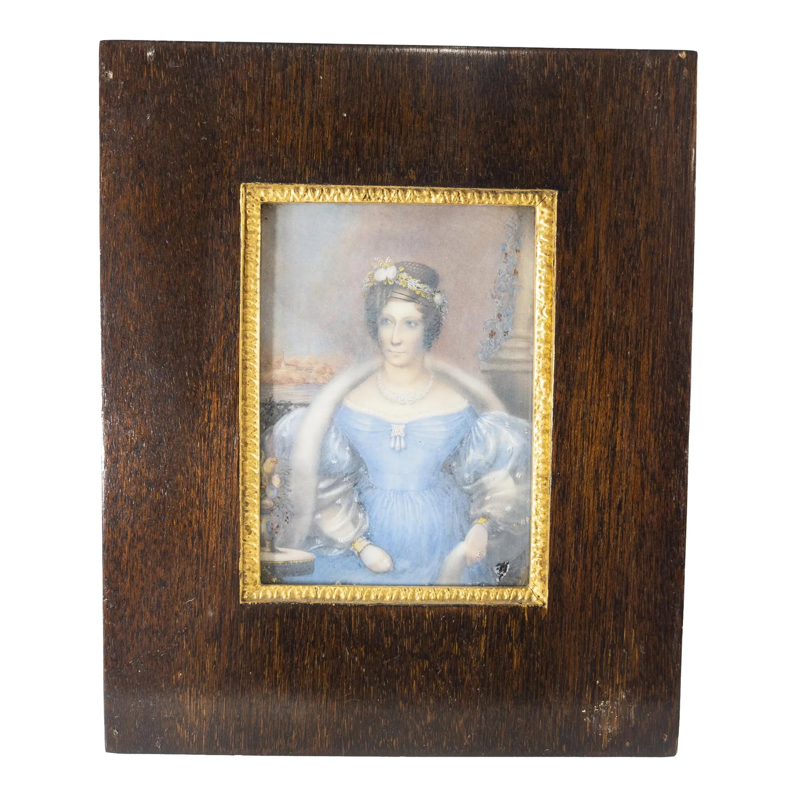 Fine Miniature Portait Painting of a Lady, Possibly New England: We are offering this extremely finely painted miniature portrait. This watercolor portrait is of a very finely dressed woman in well adorned interior scene. The painting could be English or American, 