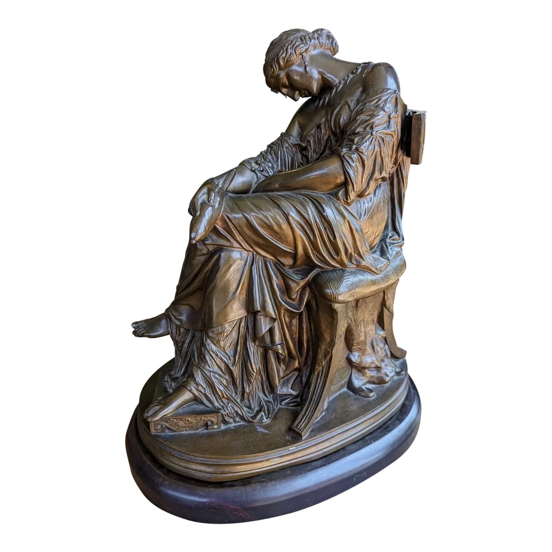 Antique French Bronze Penelope Sleeping Sculpture by Pierre Jules Cavelier & Barbedienne: Beautifully crafted antique French bronze statue of Penelope Sleeping by Pierre Jules Cavelier. Originally exhibited at Salon in 1842 as " Femme Grecque Edormie " in plaster and was later exhibited in