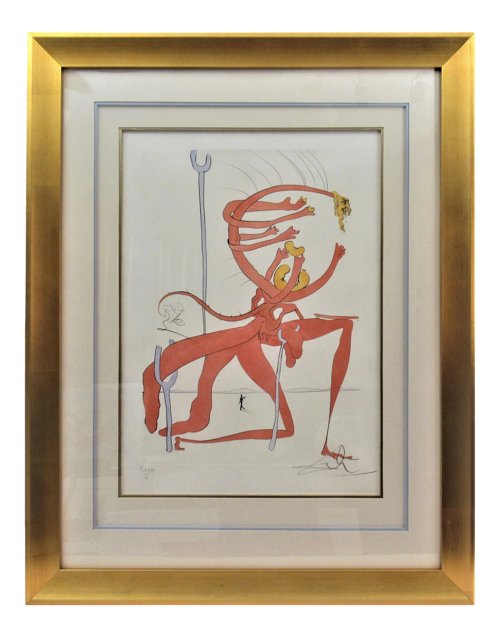 Salvador Dali, Figure Rouge avec Portrait de Quevedo: This artwork titled "Figure Rouge avec Portrait de Quevedo" from the suite, Visions De Quevedo, 1975. is an original engraving with pochoir hand coloring on Richard de Bas paper, by artist Salvador Da