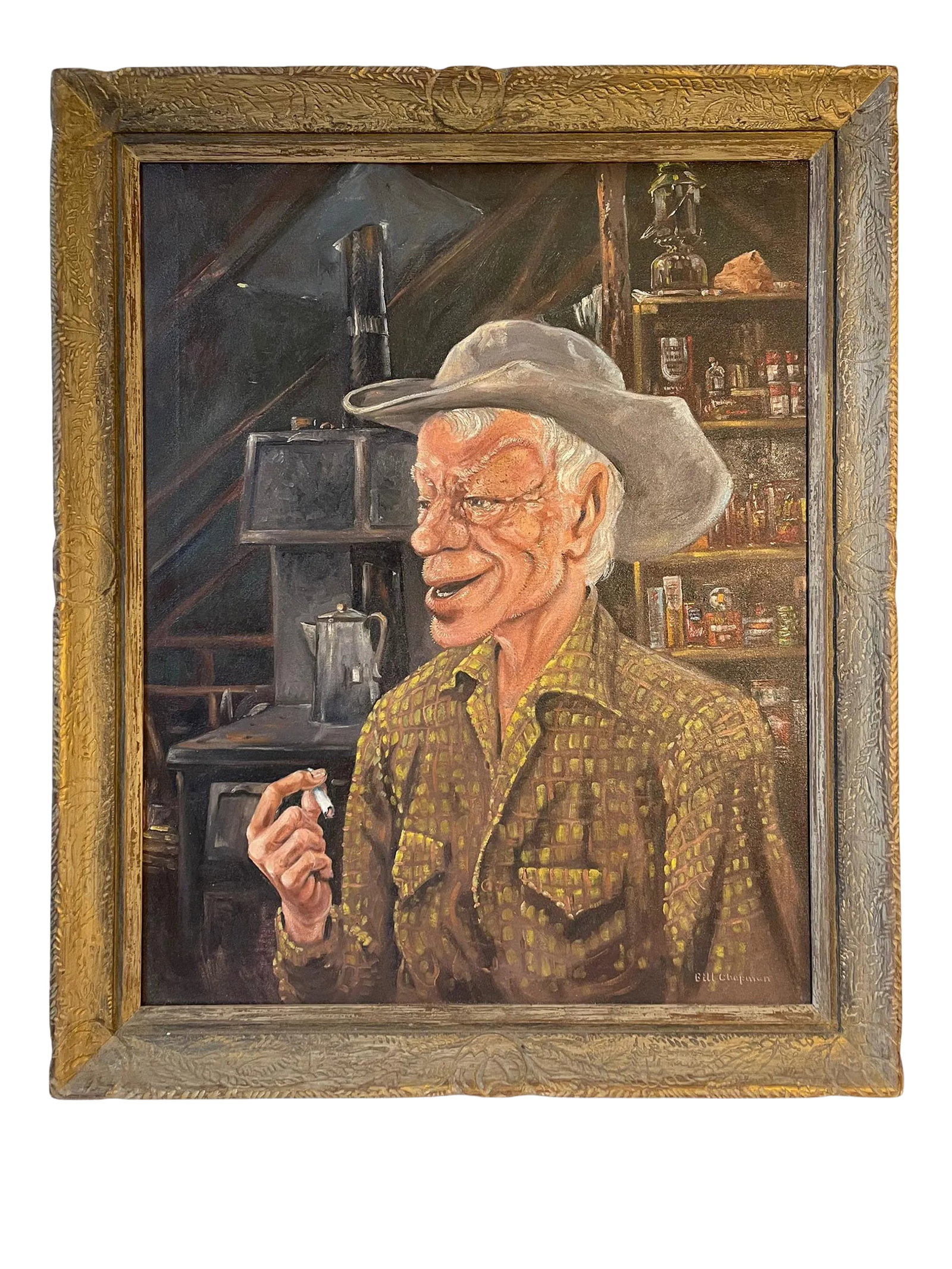 Mid 20th Century Folk Art Portrait Oil Painting, Framed: Orginal Vintage Oil Paiting Singed Very unique , Excelent detail Singed Bill Chapman Condition: Alterations: Original Condition Unaltered Imperfections: Some Imperfections Condition Notes: excellent