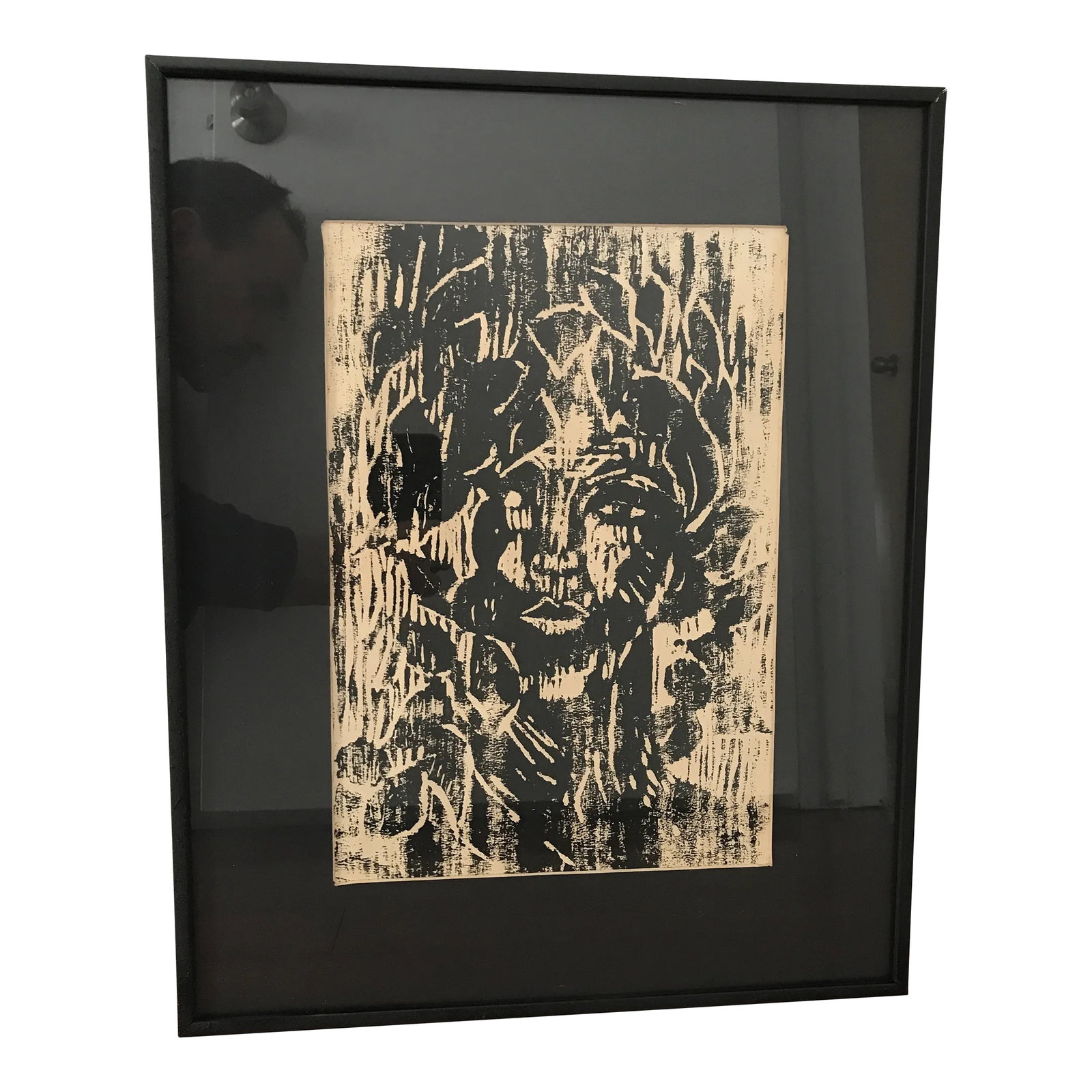 1990s Abstract Face Linoleum Print, Framed: Female linoleum drawing with black metal frame. Purchased at an estate sale. Condition: Alterations: Original Condition Unaltered Imperfections: Some Imperfections Condition Notes: Some minor wear