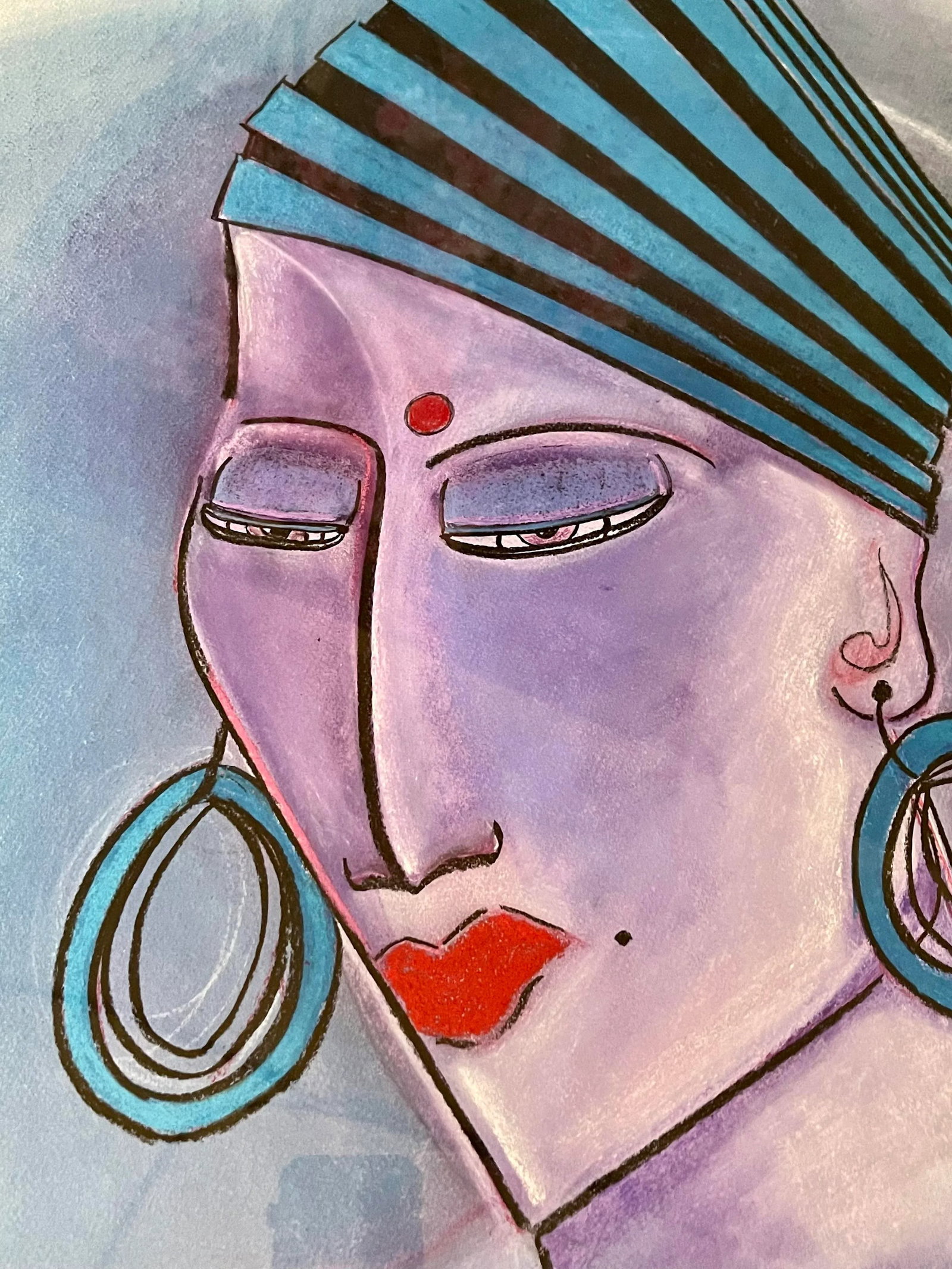 Late 20th Century "The Blossoming Lotus" Original Art Deco Revival Fauvist Portrait Oil Pastel Drawi - 7