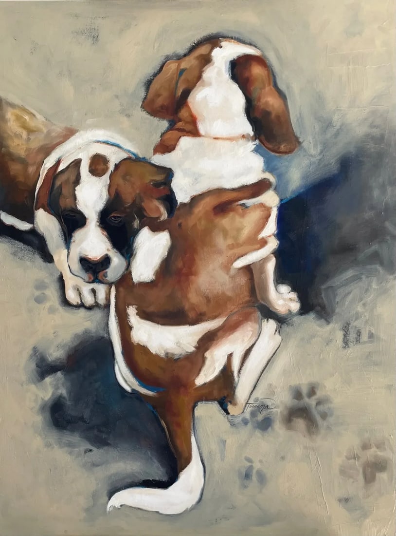 Mollie and Mo Contemporary Original Expressionist Style Oil Painting of Two Dogs by Tawna Allred: From the studio of Tawna Allred: I love to capture ordinary moments, especially if they bring joy, and what is better than St. Bernard puppies? This duo was on a farm we visited years ago. I liked