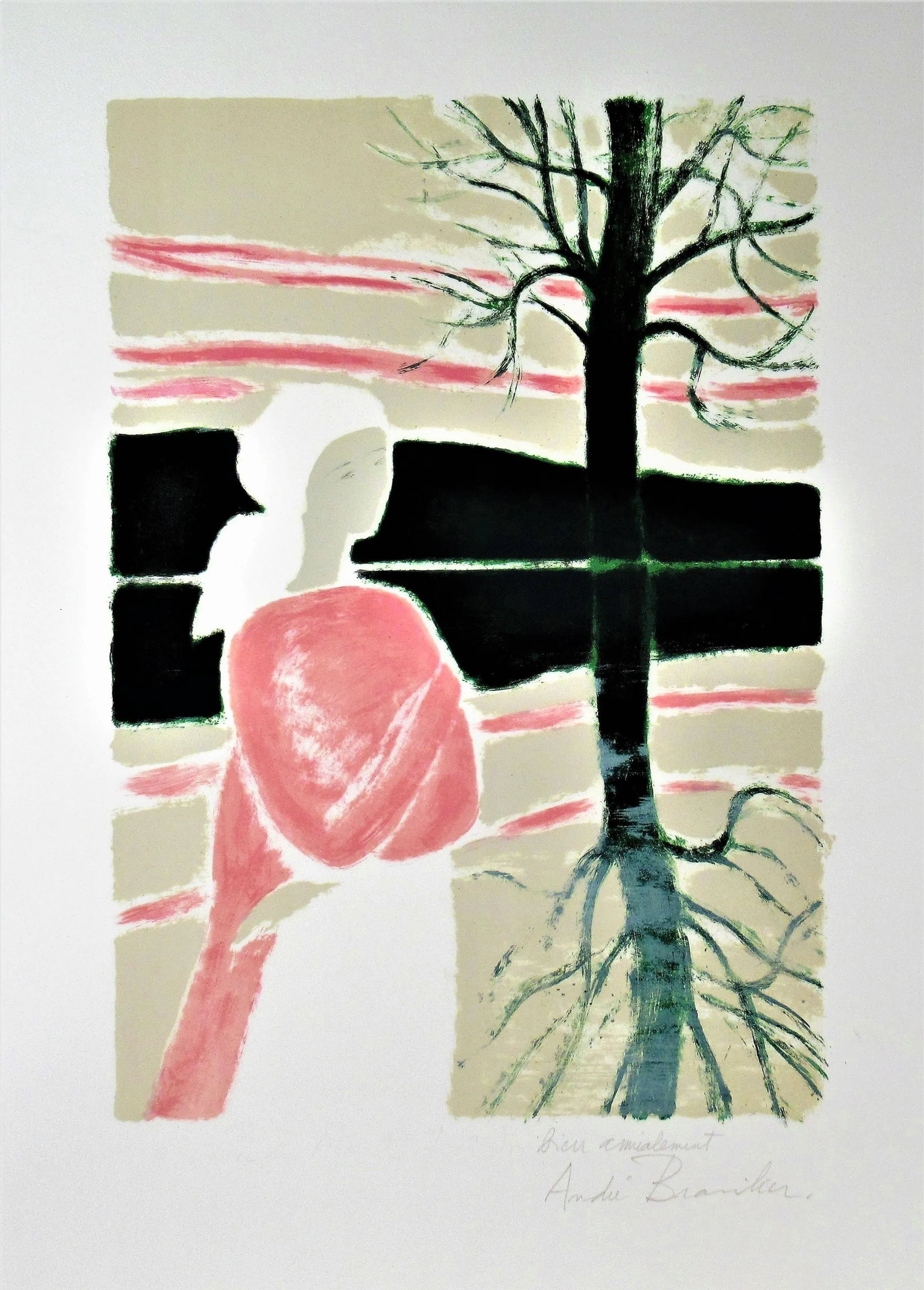 Andre Brasilier, Femme en Rose Avec un Arbre: Artist: Andre Brasilier (French, born 1929) Title: Femme en Rose Avec un Arbre Year: c.1975 Medium: Color lithograph Edition: Inscribed "Bien Amicalement" (With Friendship) in pencil by the artist
