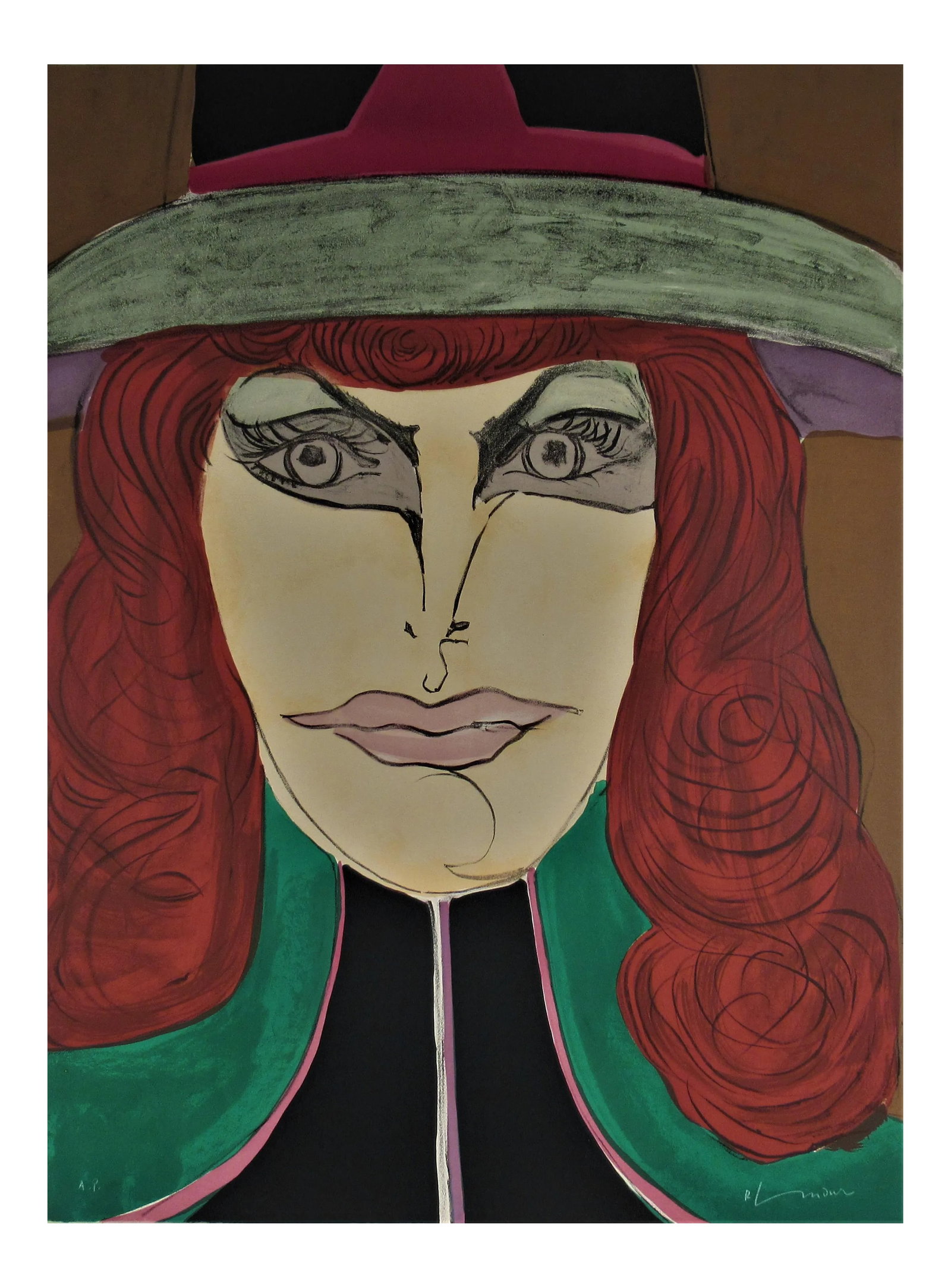 Richard Lindner, Red Head, 1971: This artwork titled "Red Head" 1971 is an original color lithograph on Wove paper by artist Richard Lindner (German/American 1901-1978) It is hand signed and inscribed A.P (Artist Proof) in white