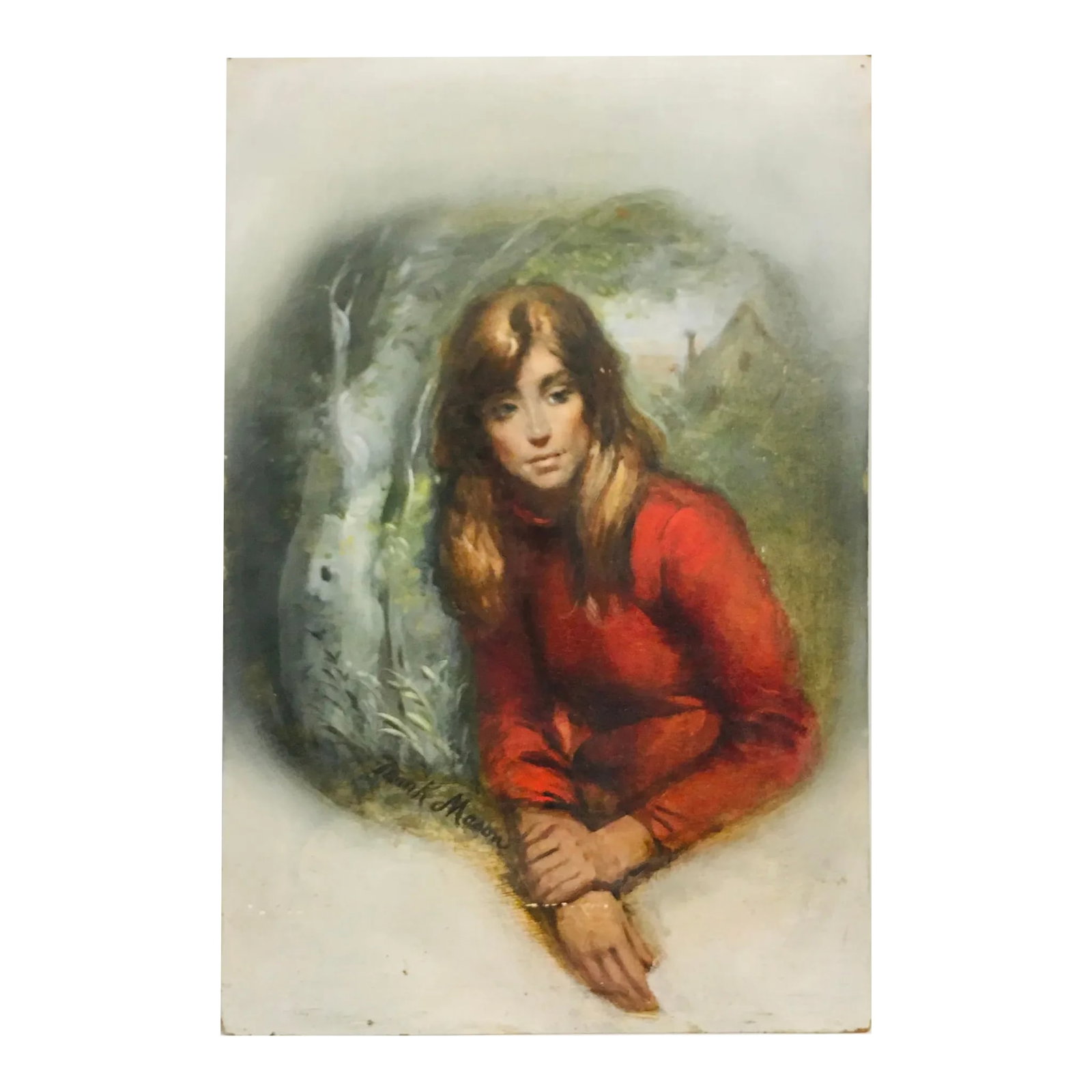 1970s Original Frank Mason Oil Painting of a Woman in Red: This wonderful oil depicts a very beautiful young woman and is painted on hard board. This original Frank Mason oil painting clearly shows the artist's signature skillfully hidden among the foliage. C