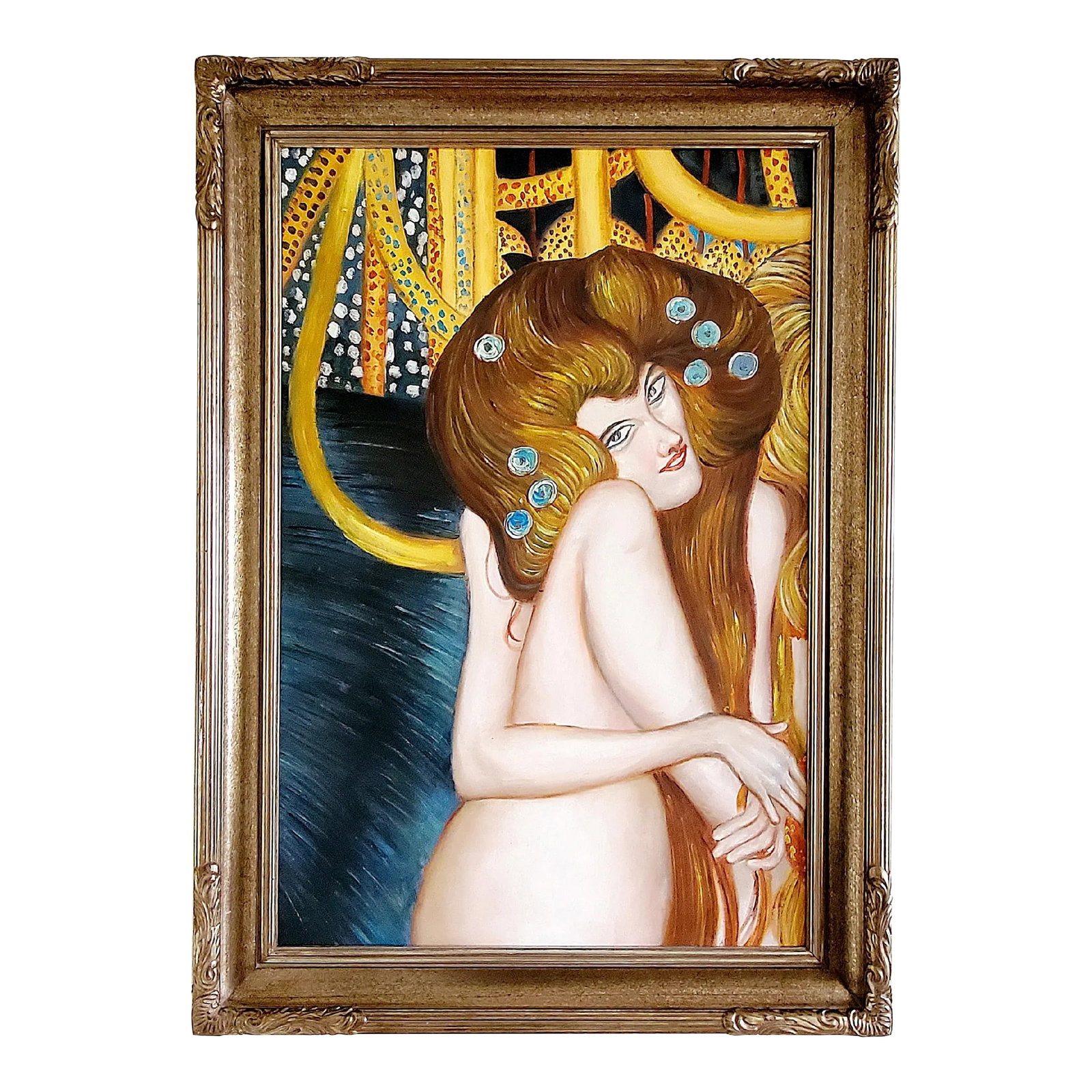 1970s "Water Lily" Vintage Figural Oil Painting on Canvas, Framed: Water Lily Vintage Figural Oil Painting on Canvas, Framed Painting 24" x 36" oil on canvas Framed 30"w x 43"h x 2"d Large vintage oil on canvas in a Klimt-esque symbolist portrait style. Elegant