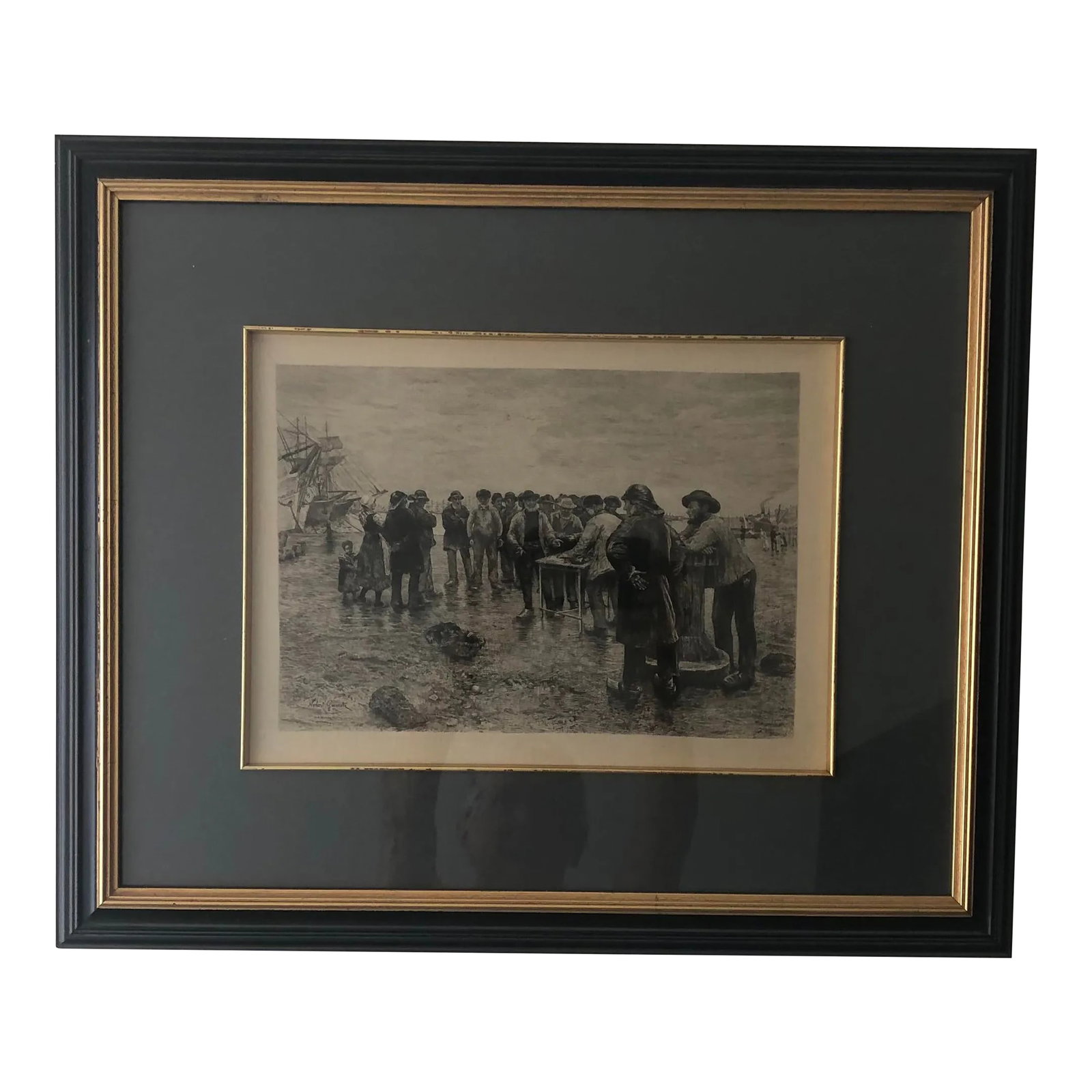 19th Century Norbert Goeneutte Etching, "Pay Day for the Crew", Framed: For your consideration, we are offering an antique Norbert Goeneutte (France, 1854-1894) etching of French shipyard workers on payday, "Pay Day for the Crew", LeHavre 1888. A detailed and finely
