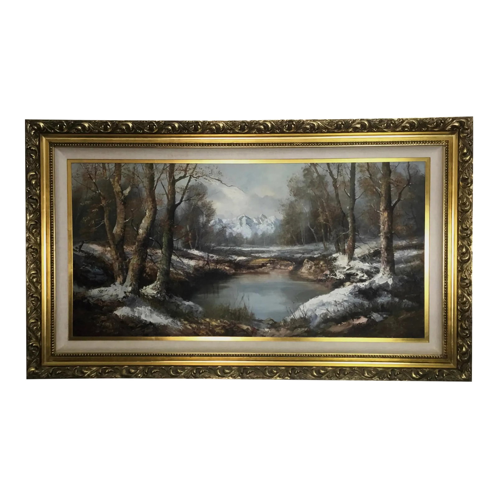Mid 20th Century "The Rockies" Mountain Landscape Oil Painting, Framed: This 34" by 58"Spectacular oil on canvas landscape with the Rocky Mountains in the background -was painted by a master -no signature that I can find -the painting is surrounded by a very expensive