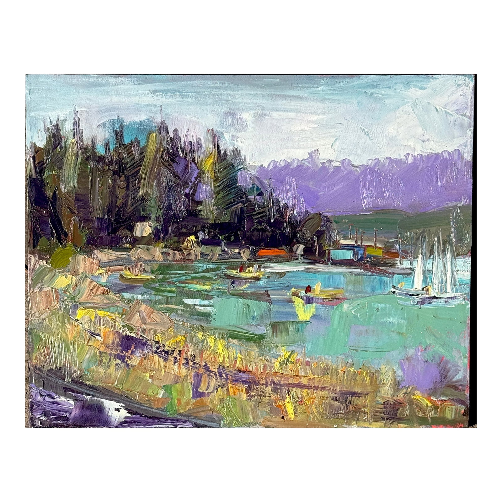 Contemporary Expressionist Coastal Scene Original Oil Painting: This is a painting that was done on location with an ample palette of oils. I enjoyed painting at this location with my painting friends. Figures and structures are abstracted into strokes of color. 1