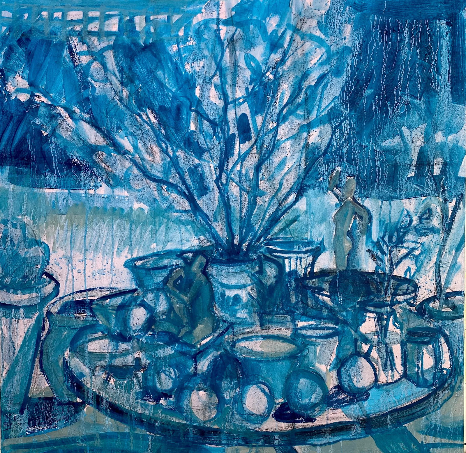 Contemporary Original Outdoor Still Life Landscape Oil Painting by James Hartman: This large outdoor still life was painted recently using Sapphire Blue over a muted pinkish ground. I am offering the painting with free shipping safely rolled. Condition: Imperfections: No