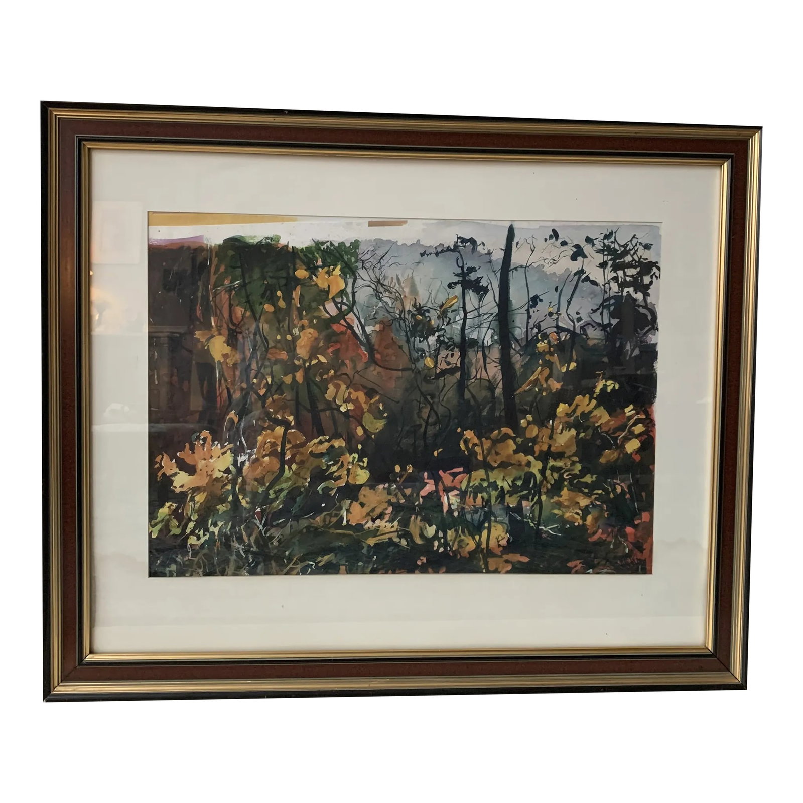Expressionist Lanscape Water Color Mid 20th Century "Fall Morning" Original Painting, Framed: Original vintage water color by local artist of South Carolina. Title: Fall Morning. Purchased from an Art Show of South Carolina. Not dated but very vintage. Large frame. Top left corner needs to be 