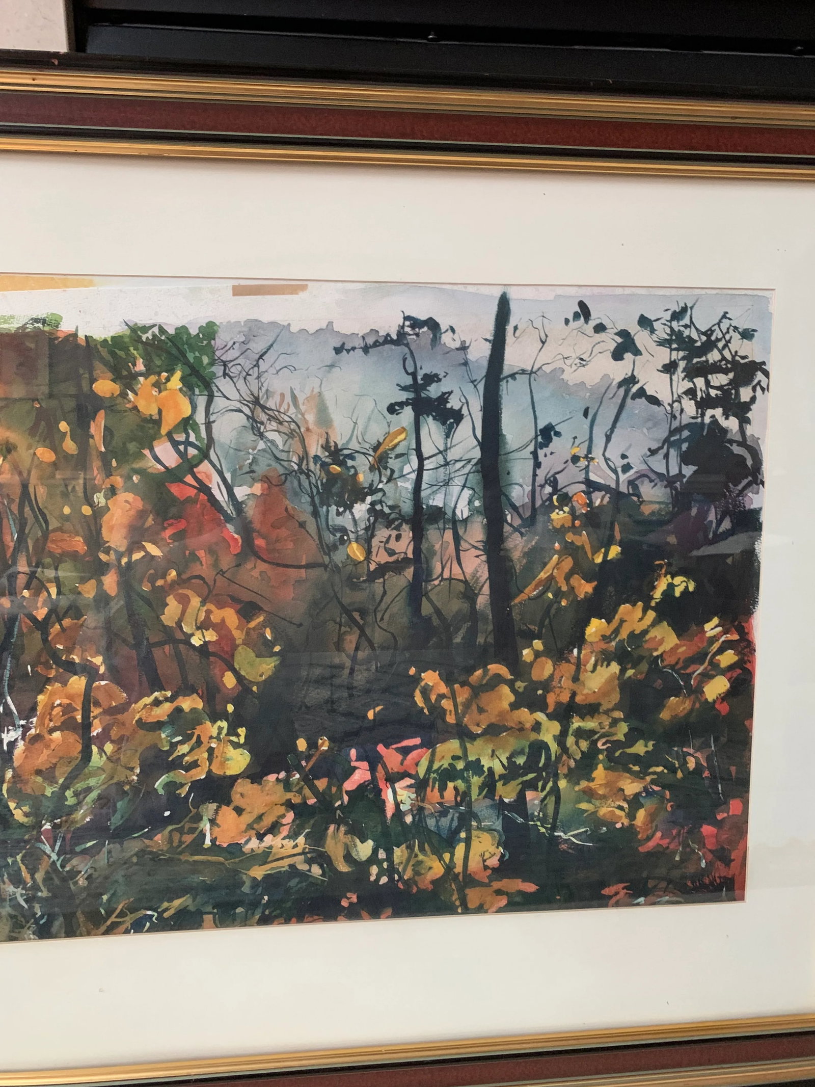 Expressionist Lanscape Water Color Mid 20th Century "Fall Morning" Original Painting, Framed - 4