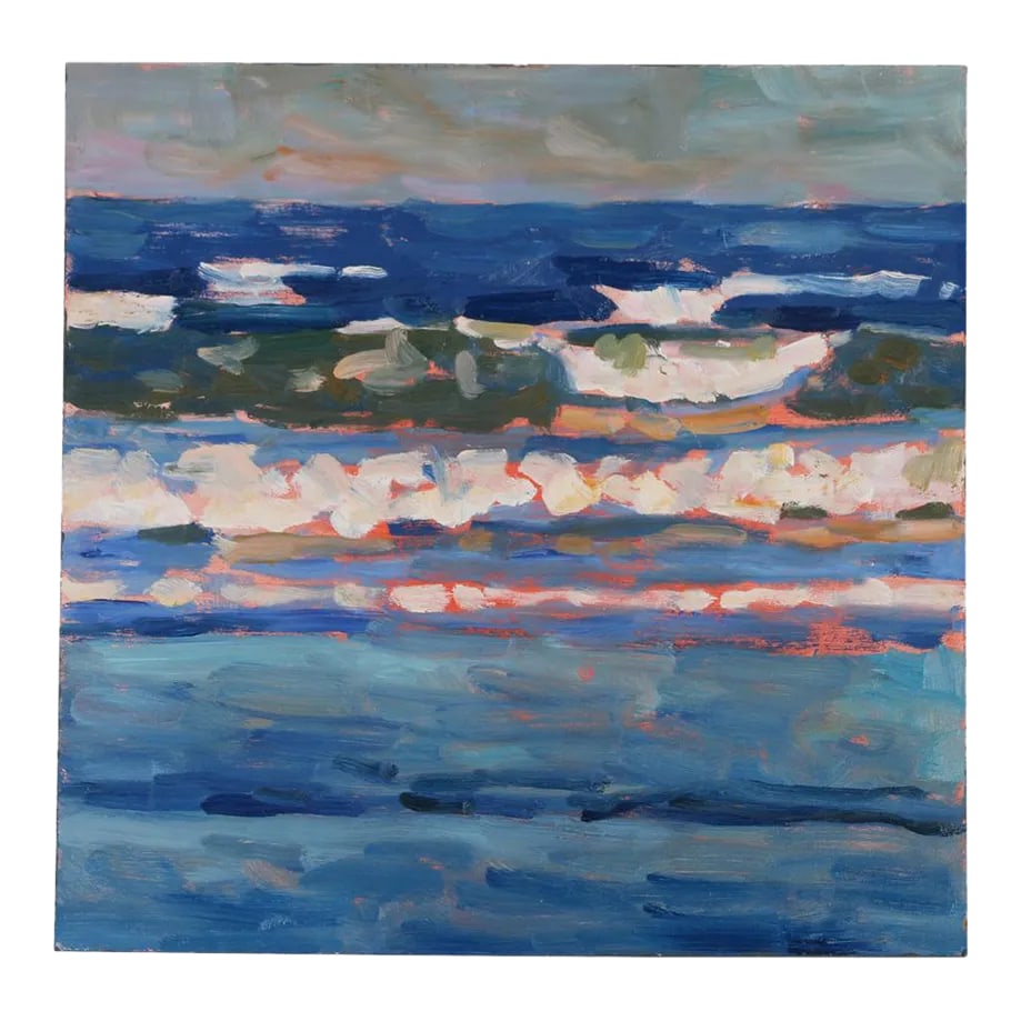 2012 Seascape Original Oil Painting by Eugene Quinn: Contemporary and vibrant seascape, oil on board, by American artist, Eugene Quinn. Signed/ dated 2012 en verso. Wired and ready to hang, edges painted charcoal gray. One of two images available.