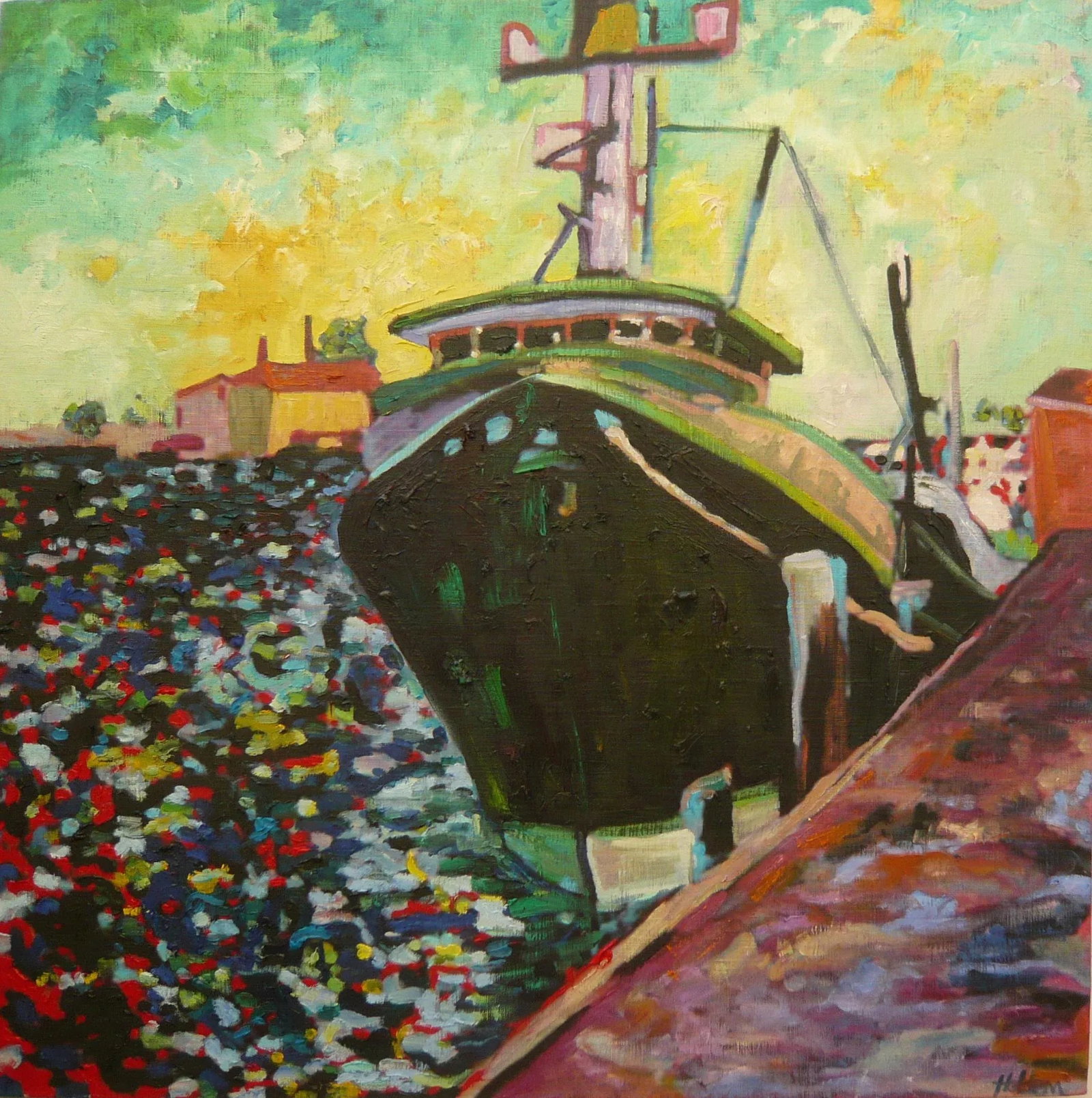 Martha Holden, Large "Ship in the Harbor" Contemporary Expressionist Style Nautical Oil Painting - 11