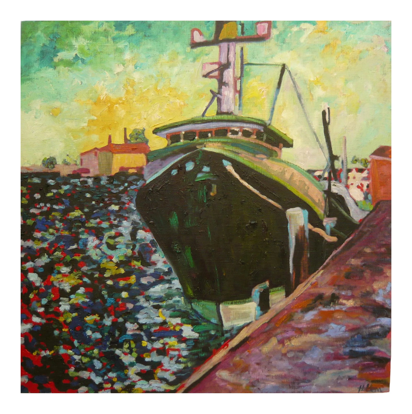Martha Holden, Large "Ship in the Harbor" Contemporary Expressionist Style Nautical Oil Painting: Original painting from a private collection. PRICE REDUCED: Over 28 people have "liked" this painting, be the one to own it! Martha Holden is a painter working at the height of her skills. Her