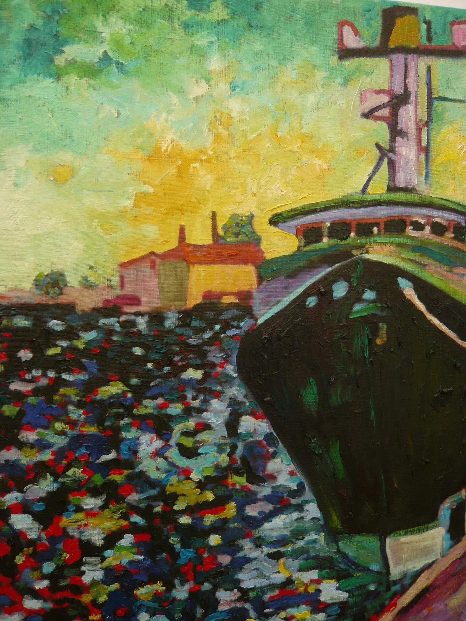Martha Holden, Large "Ship in the Harbor" Contemporary Expressionist Style Nautical Oil Painting - 6