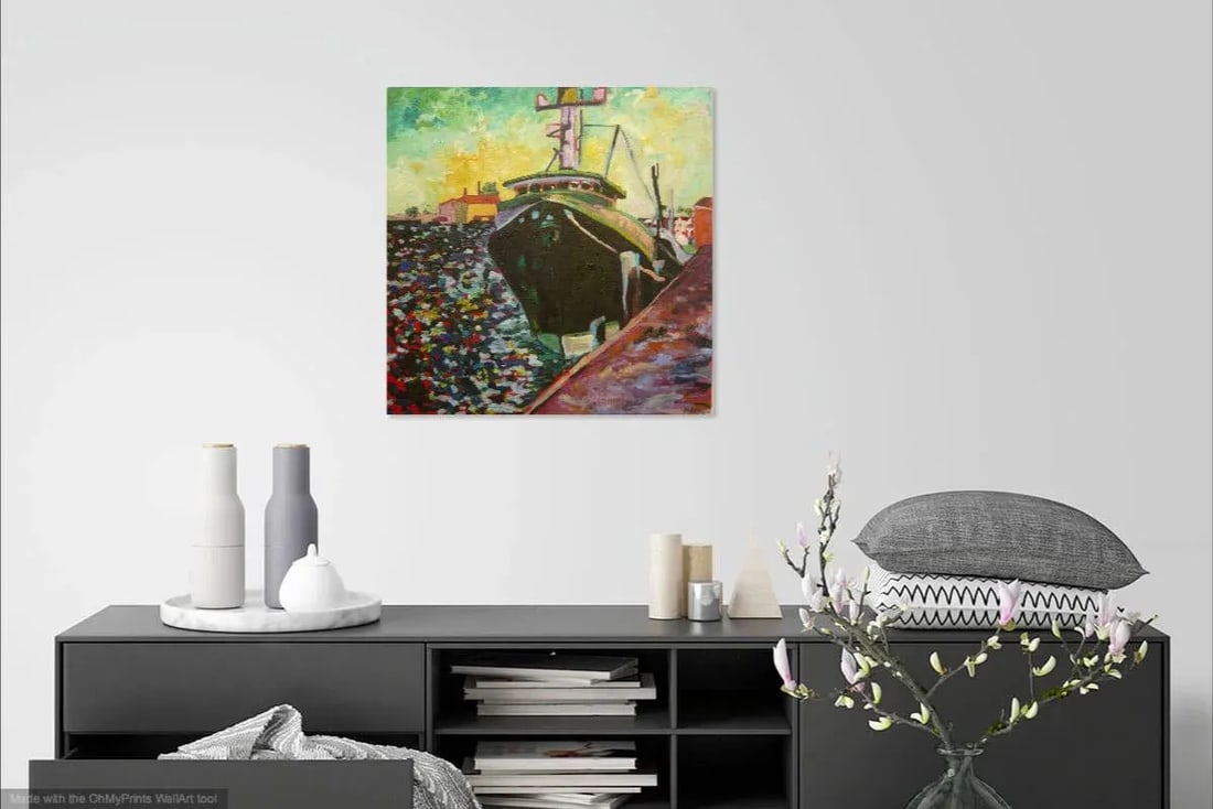 Martha Holden, Large "Ship in the Harbor" Contemporary Expressionist Style Nautical Oil Painting - 7