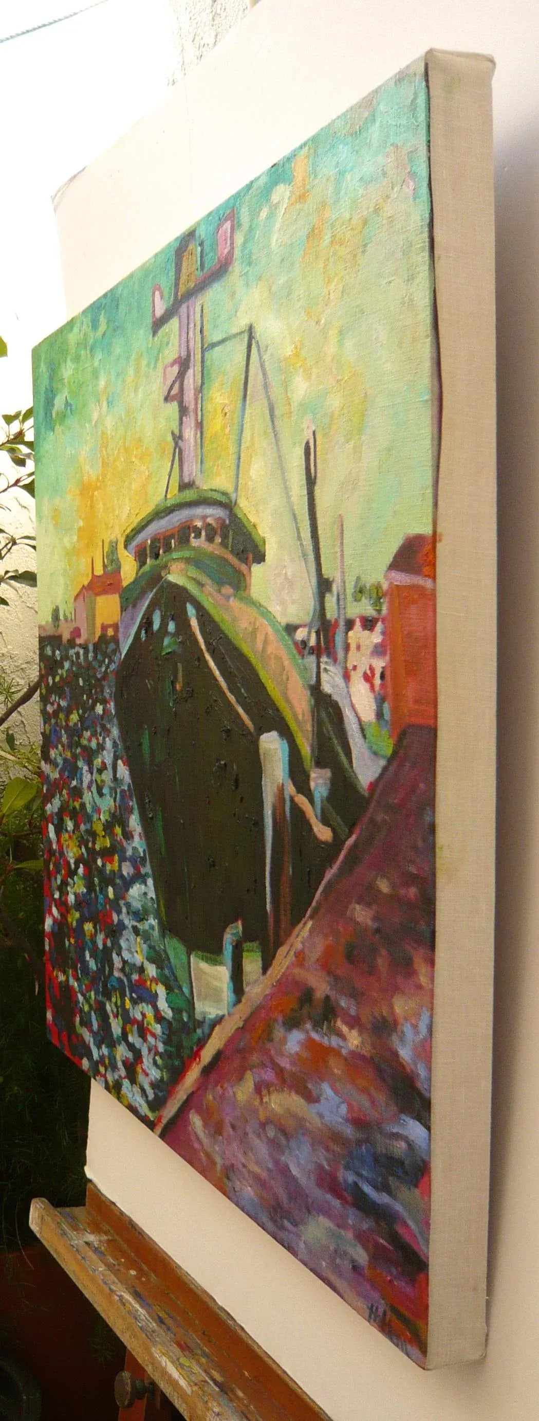Martha Holden, Large "Ship in the Harbor" Contemporary Expressionist Style Nautical Oil Painting - 8
