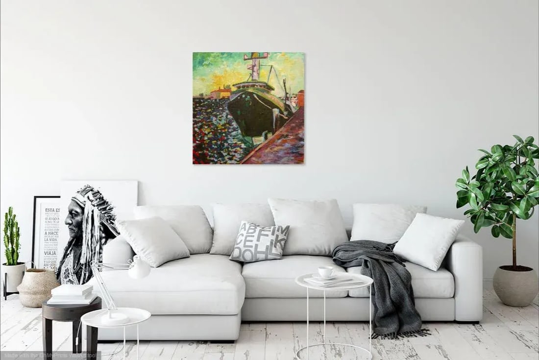 Martha Holden, Large "Ship in the Harbor" Contemporary Expressionist Style Nautical Oil Painting - 9