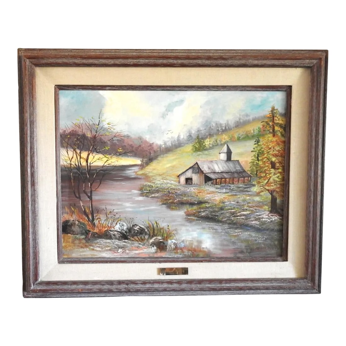 1970s Fall Countryside Landscape Painting by Sylvia Tyler, Framed: Oil painting by a Napa artist Sylvia Tyler (1921-2018). Napa Valley countryside with an old barn "Autumn Fantasy". Circa 1970s. Frame size is 31.5" X 25.5" X 2.5"D. Condition: Alterations: Original