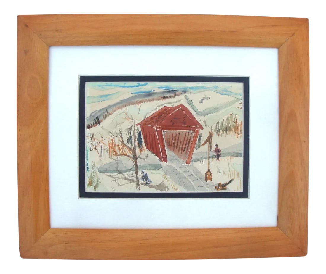 New England Winter Snowscape Painting With Covered Bridge (1 of 2)