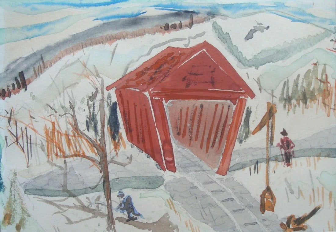 New England Winter Snowscape Painting With Covered Bridge - 2