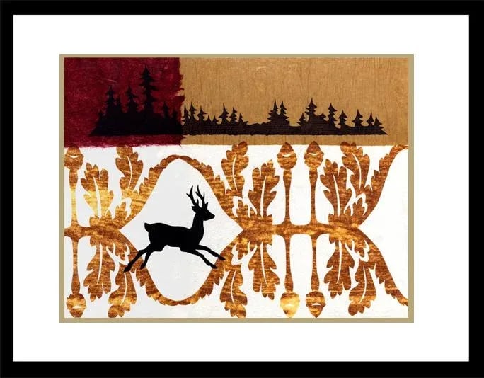 Deer in Oak Contemporary Original Mixed-Media Woodland Collage by Kathleen Ney, Framed: An original collage by Washington state artist Kathleen Ney. Uses mixed media of cut papers. Warm textural colors and iridescent sheen. Woodland images, great for cabin chic, Americana or children's d