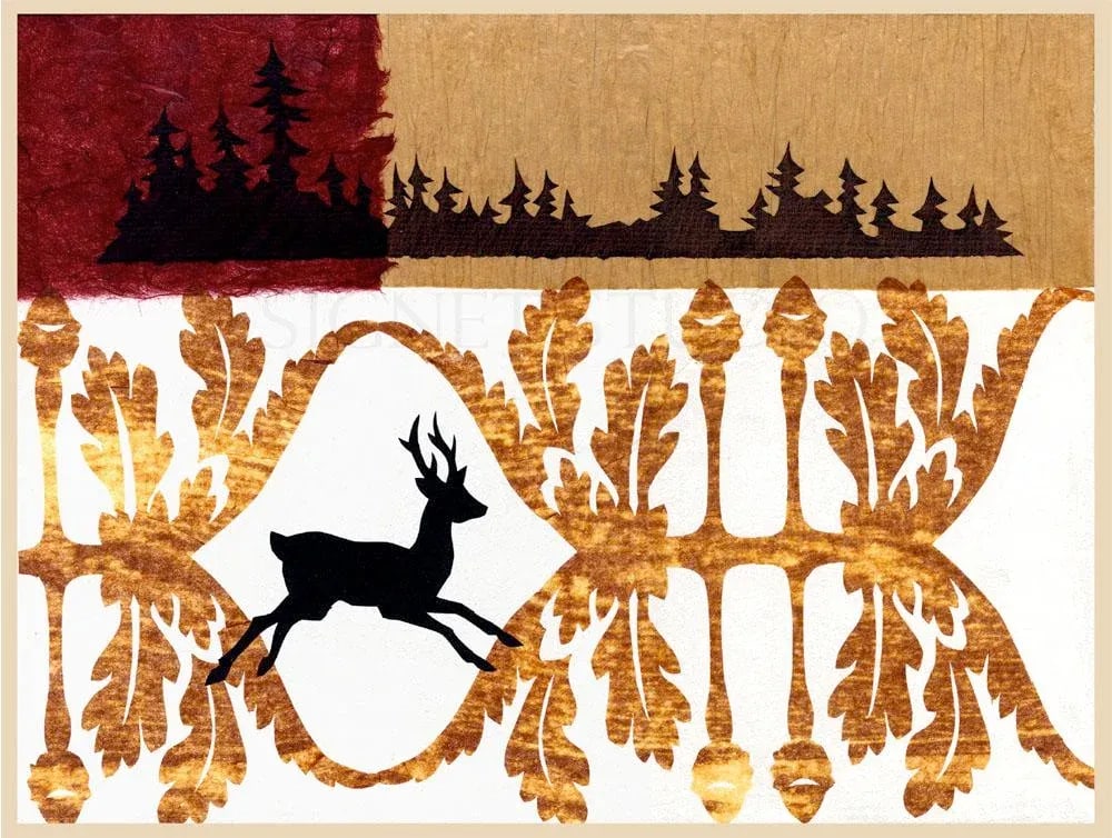 Deer in Oak Contemporary Original Mixed-Media Woodland Collage by Kathleen Ney, Framed - 2