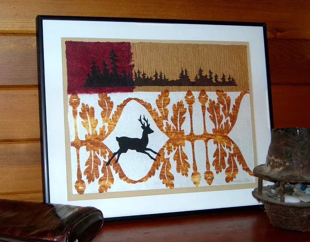 Deer in Oak Contemporary Original Mixed-Media Woodland Collage by Kathleen Ney, Framed - 3