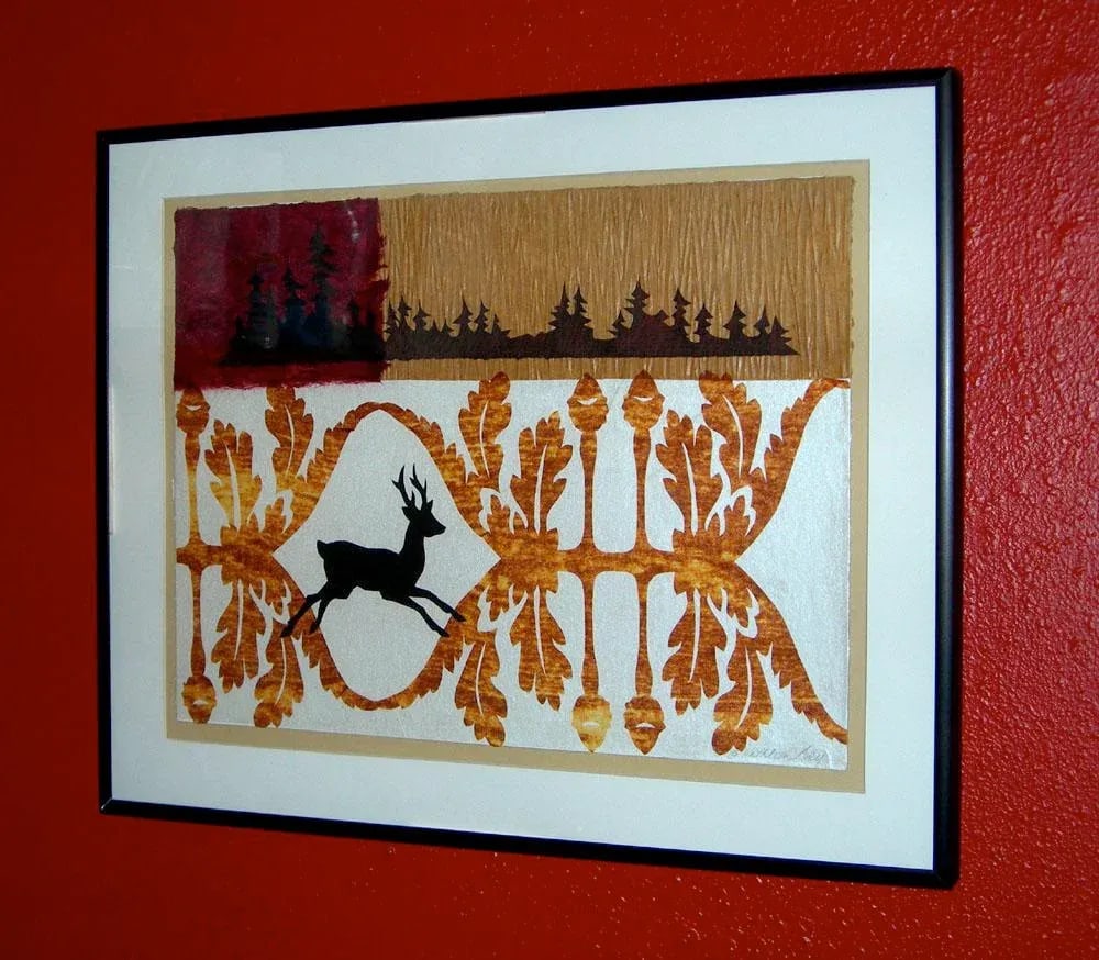 Deer in Oak Contemporary Original Mixed-Media Woodland Collage by Kathleen Ney, Framed - 4