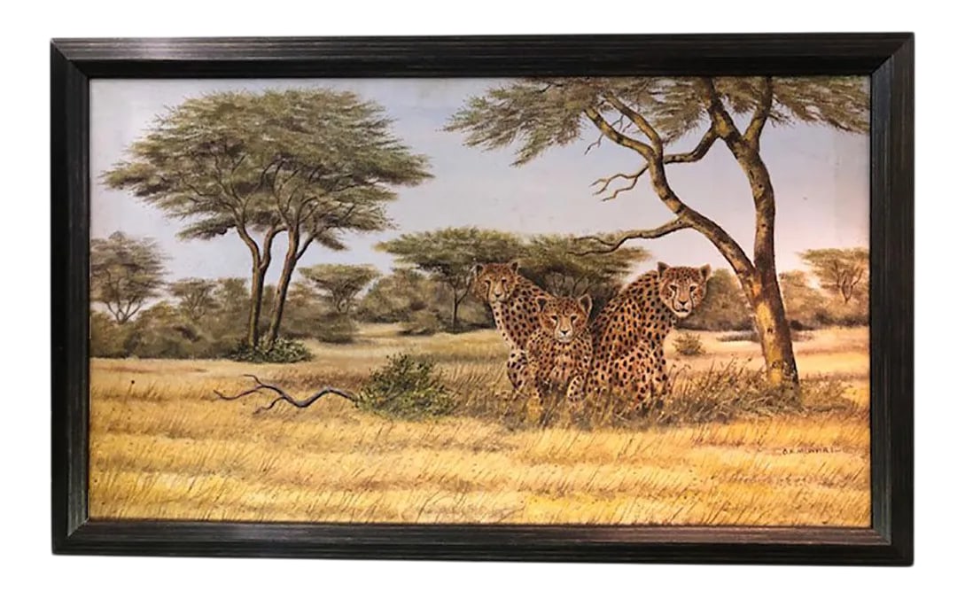 Mid 20th Century Oil Painting of Leopards in Kenya, Framed: An oil on canvas painting of a Leopard in Kenya by Nairobi artist O. K. Munjuri. Circa 1960. Condition: Alterations: Original Condition Unaltered Imperfections: Some Imperfections Condition Notes: