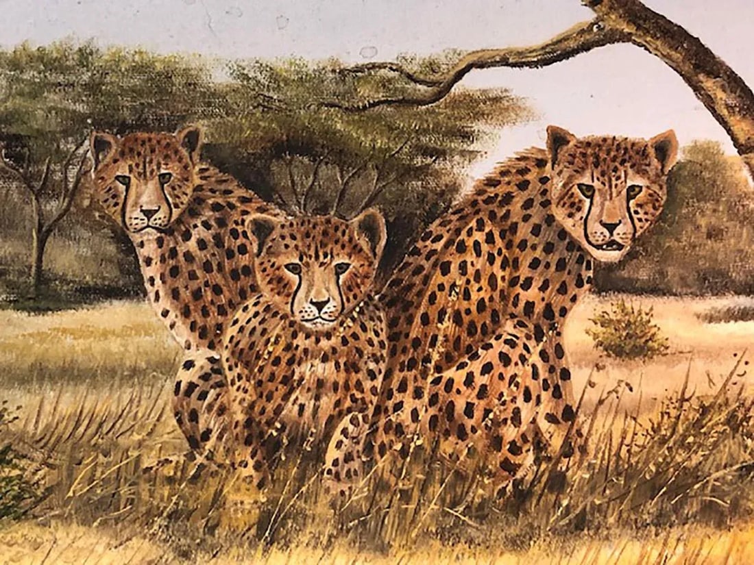Mid 20th Century Oil Painting of Leopards in Kenya, Framed - 2