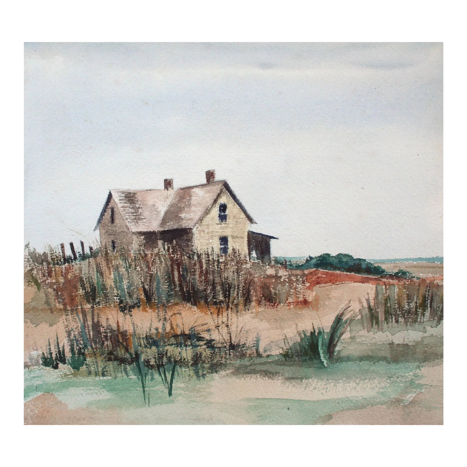 Late 20th Century "Barn by the Sea" Beach Landscape Watercolor Painting: Tranquil landscape of a seaside barn on the sand surrounded by coastal plants, in soft neutral watercolors, by an unknown artist (American, 20th Century). Unsigned and unframed. Image size: 9.75 H x 1