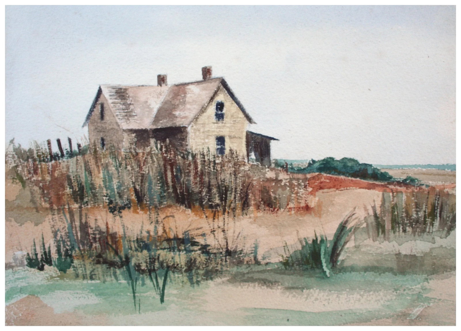 Late 20th Century "Barn by the Sea" Beach Landscape Watercolor Painting - 2