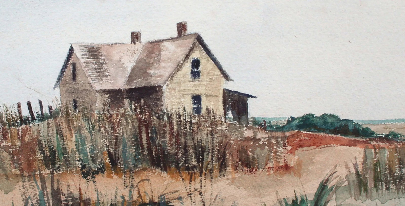 Late 20th Century "Barn by the Sea" Beach Landscape Watercolor Painting - 3