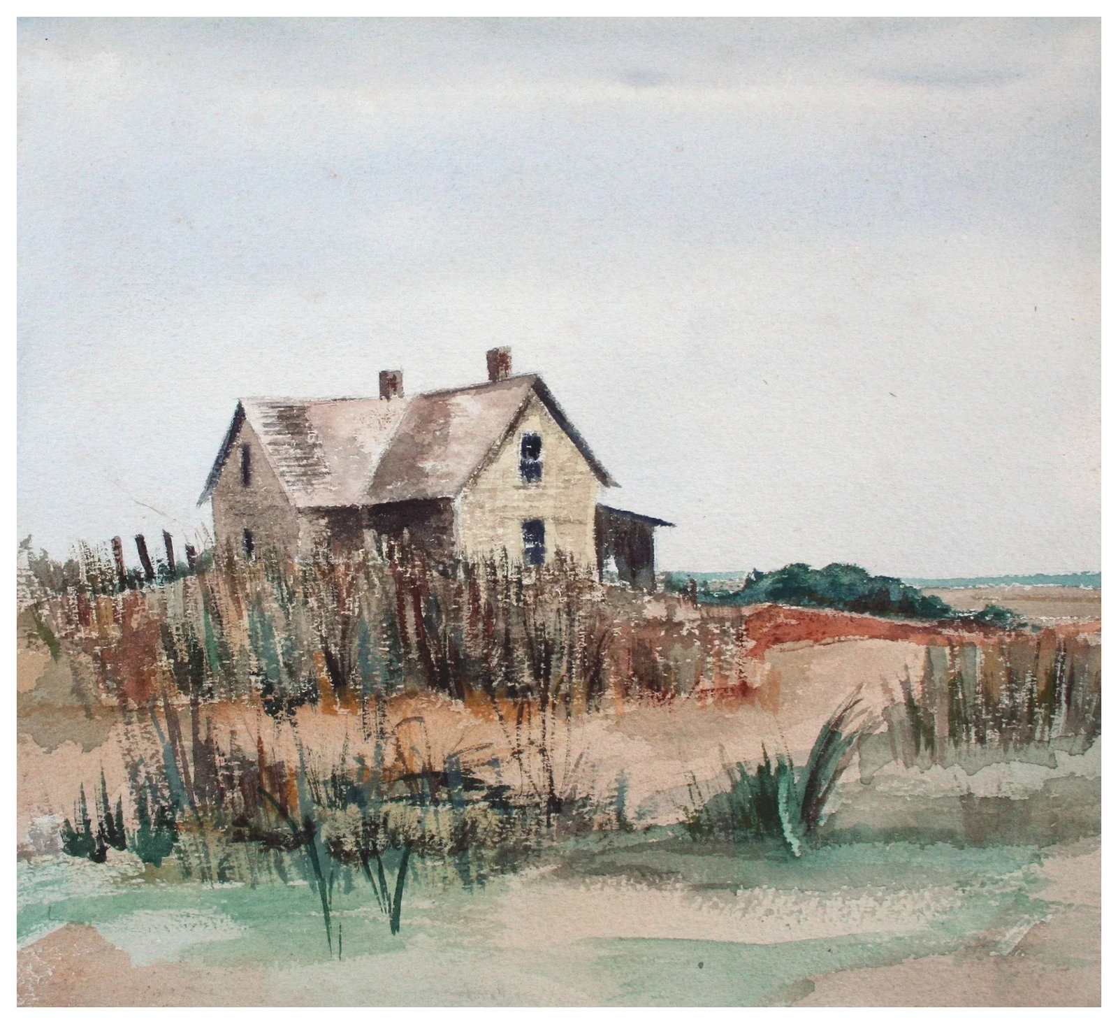 Late 20th Century "Barn by the Sea" Beach Landscape Watercolor Painting - 6