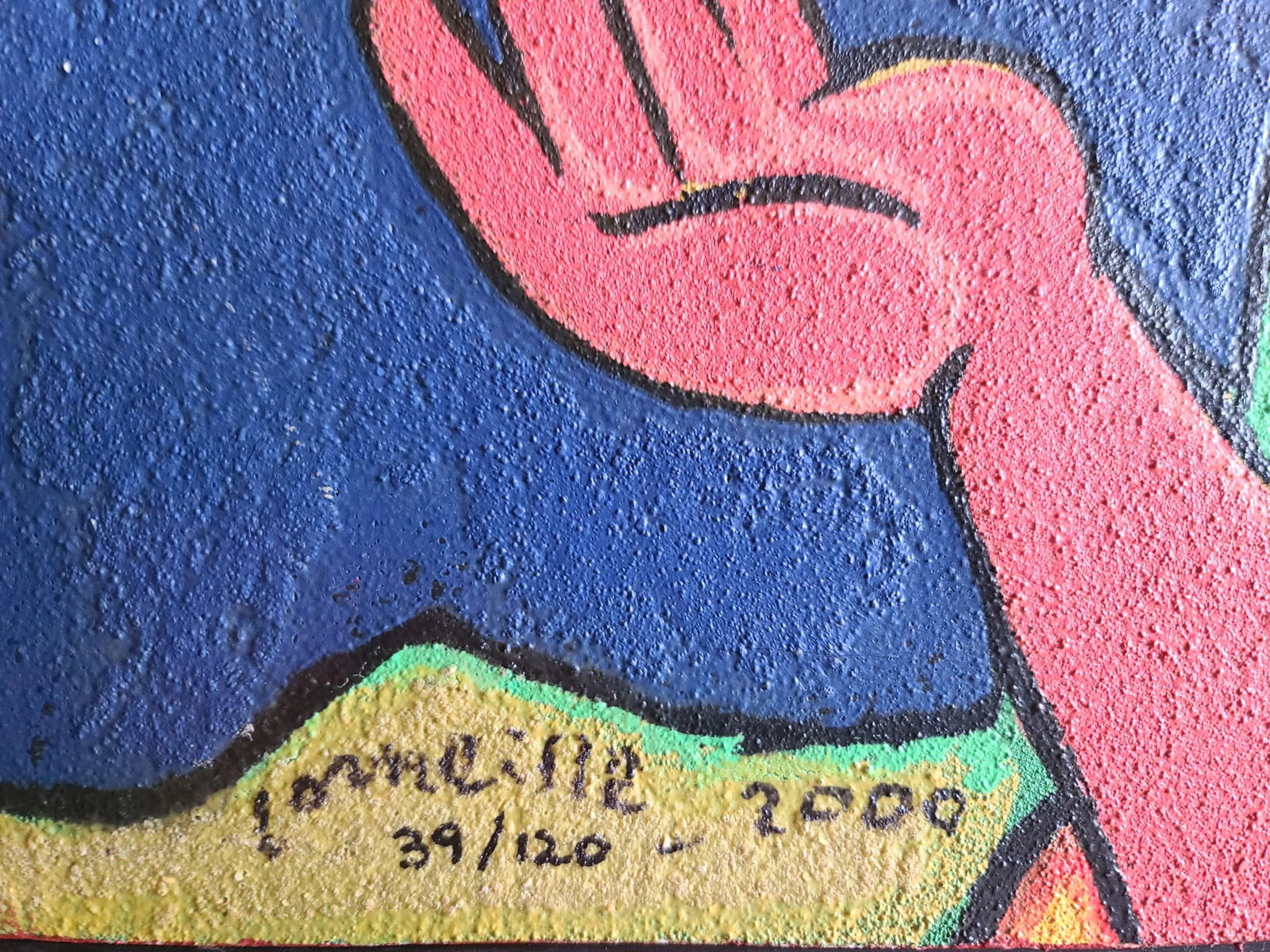 Guillaume Corneille Modernist Terragragh 39/200: GUILLAUME CORNEILLE Modernist Terragraph on Canvas. Print. Colorful Matisse-esque pink nude female with bird and cat. Colorful flora. Textured print on canvas. Signed, dated 2000. 39/120-- Dimensions: